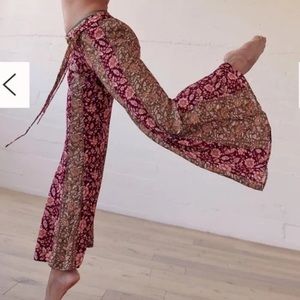 Free People Floral Wide-Leg Tie-Waist Pants in Burgundy/Tan/Olive